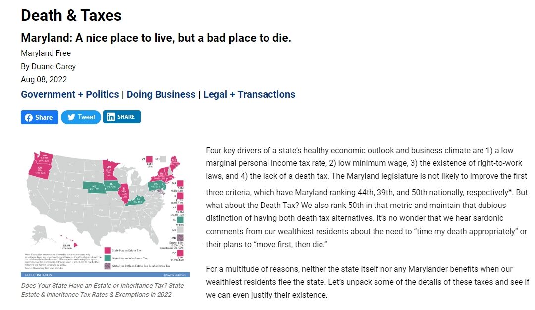 Death and Taxes – Maryland: A nice place to live, but a bad place to die.