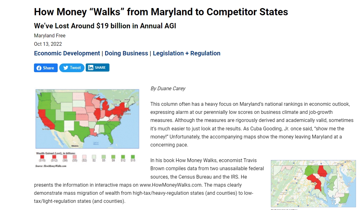 Screenshot of i95 article on how money walks from Maryland to competitor states